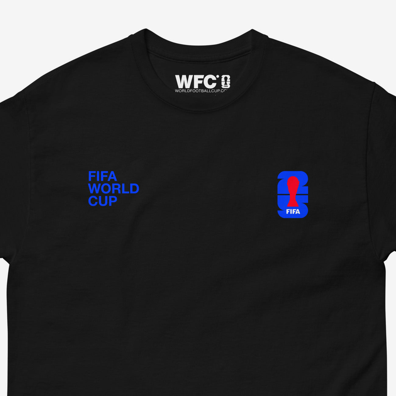 Minimalist FIFA 2025 design black unisex tee with logo and 'Fifa World Cup' slogan. Close up photo.