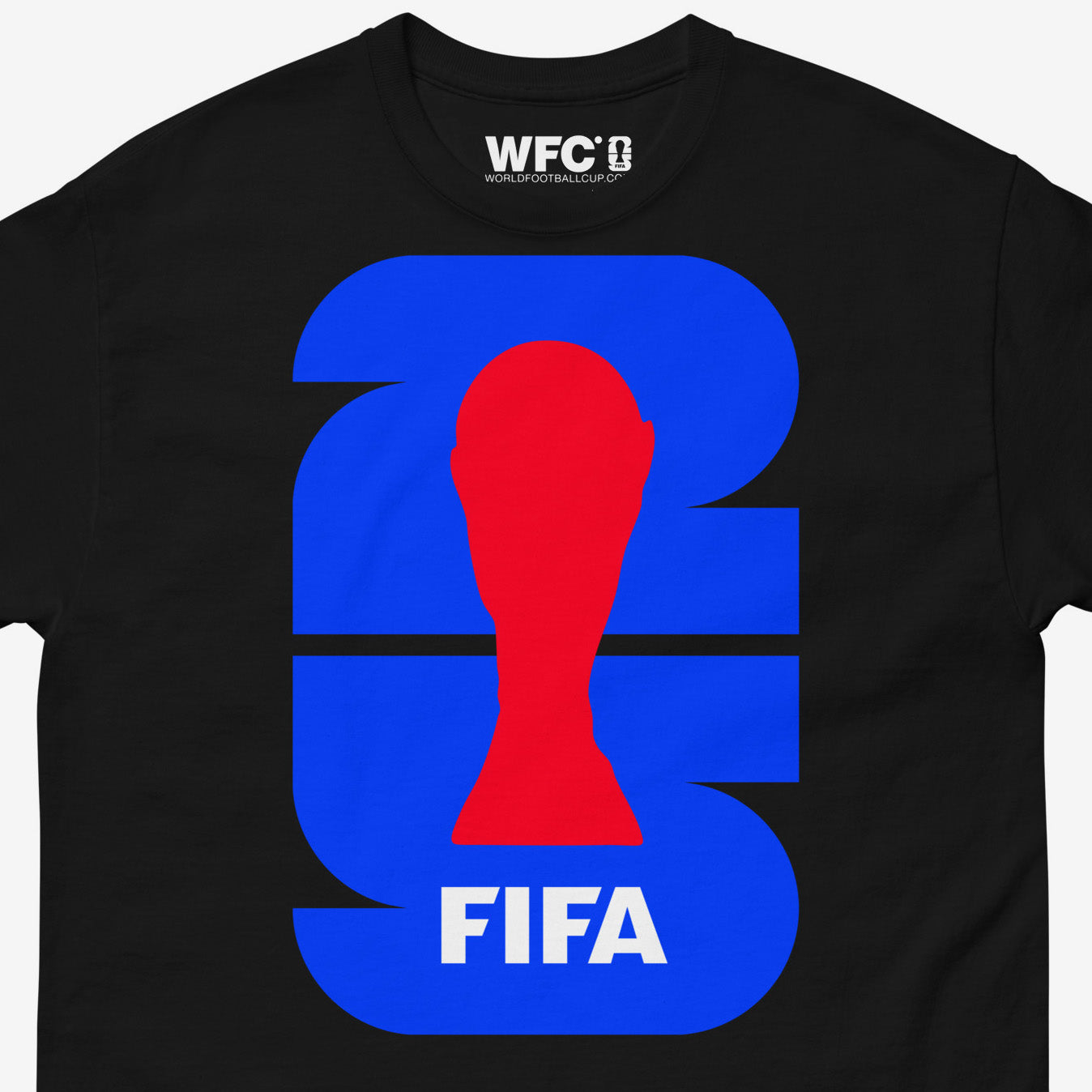 Minimalist world cup FIFA 2025 logo black unisex tee. Closeup photo. From worldfootballcup.com