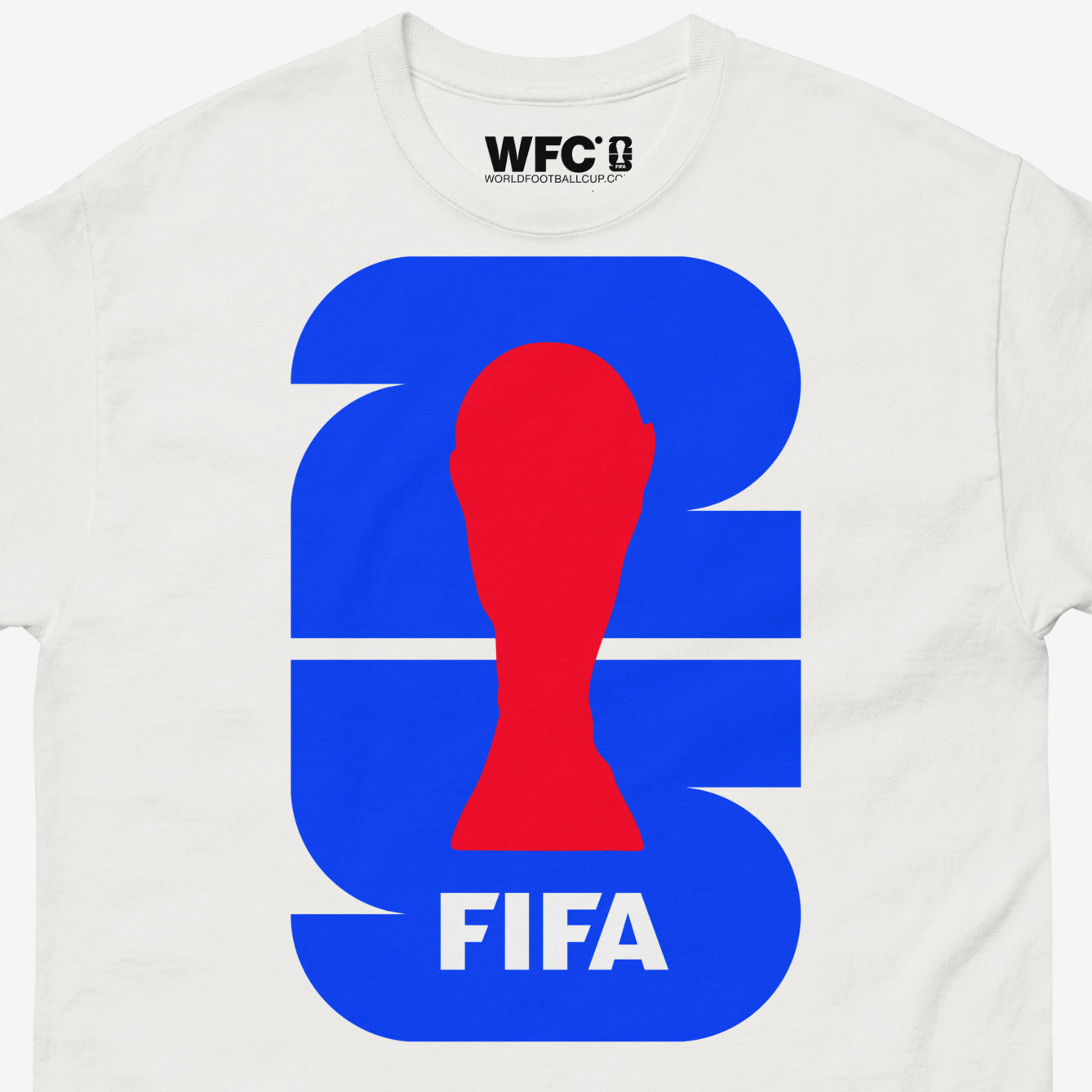 Minimalist world cup FIFA 2025 logo white unisex tee. Closeup photo. From worldfootballcup.com