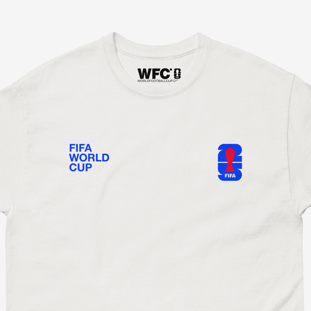 Minimalist FIFA 2025 design white unisex tee with logo and 'Fifa World Cup' slogan. Close up photo.