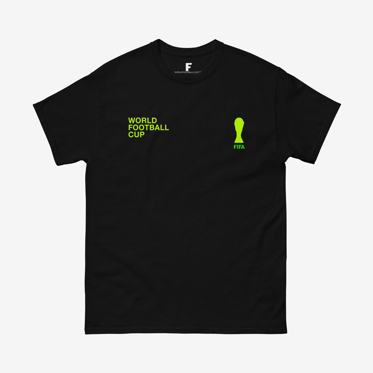 Black regular unisex tee with bright green design of FIFA logo and text World Football Cup – From worldfootballcup.com