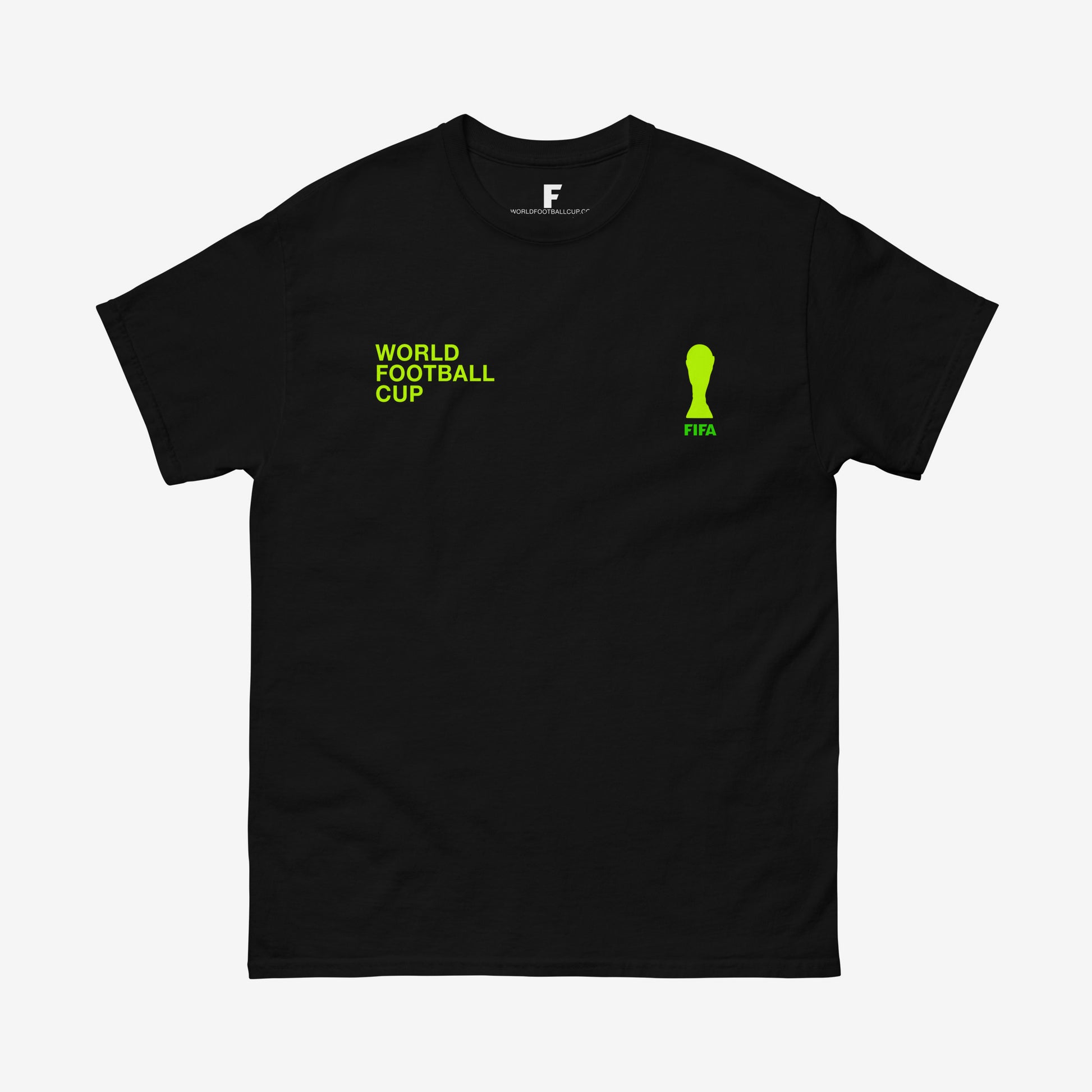 Black regular unisex tee with bright green design of FIFA logo and text World Football Cup – From worldfootballcup.com