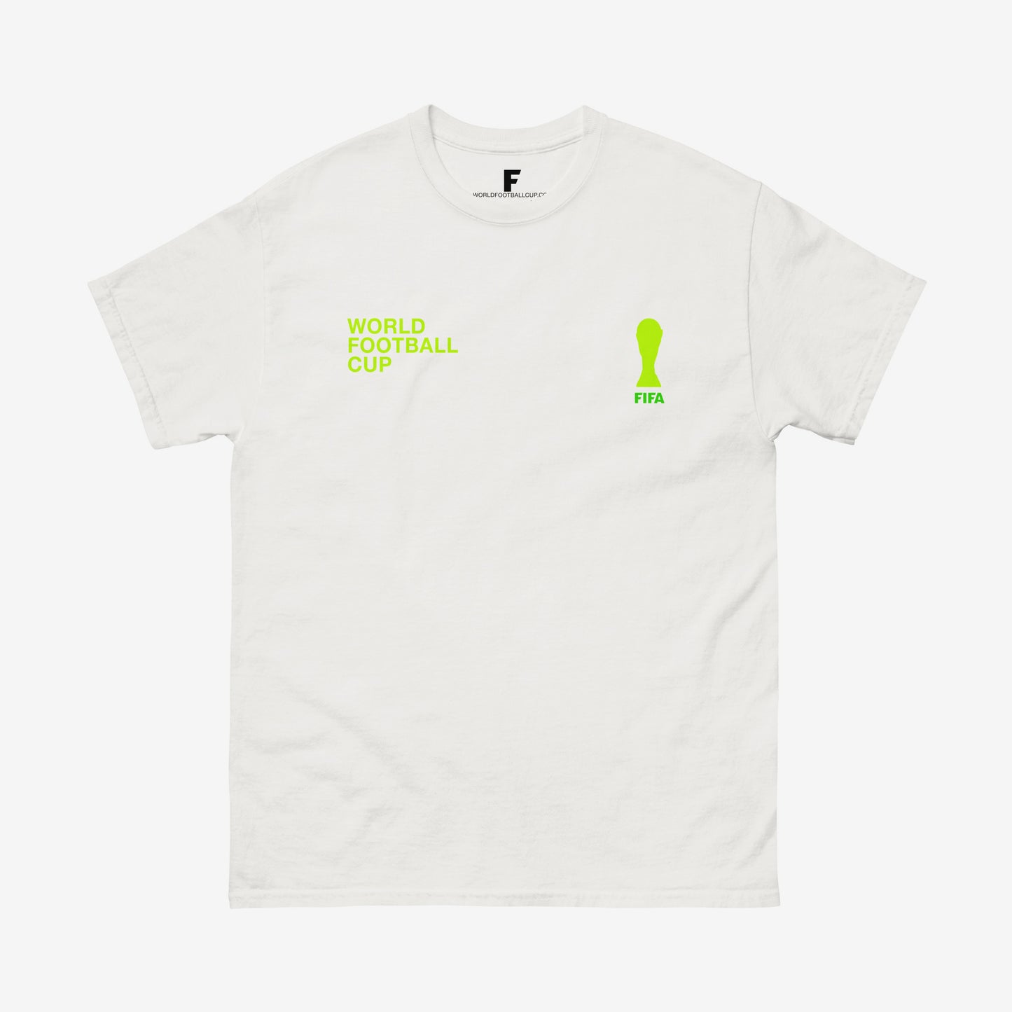 White regular unisex tee with bright green design of FIFA logo and text World Football Cup – From worldfootballcup.com
