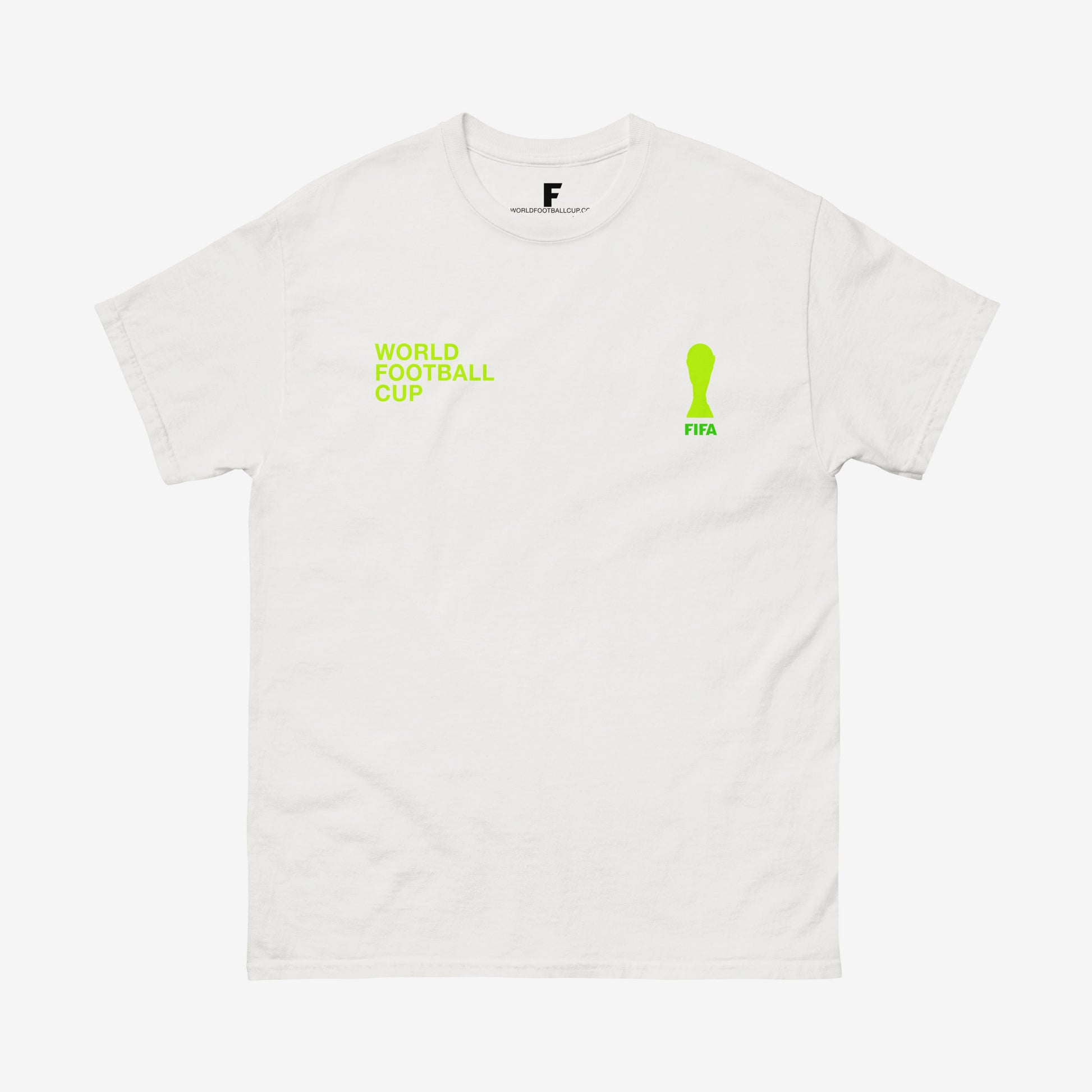 White regular unisex tee with bright green design of FIFA logo and text World Football Cup – From worldfootballcup.com