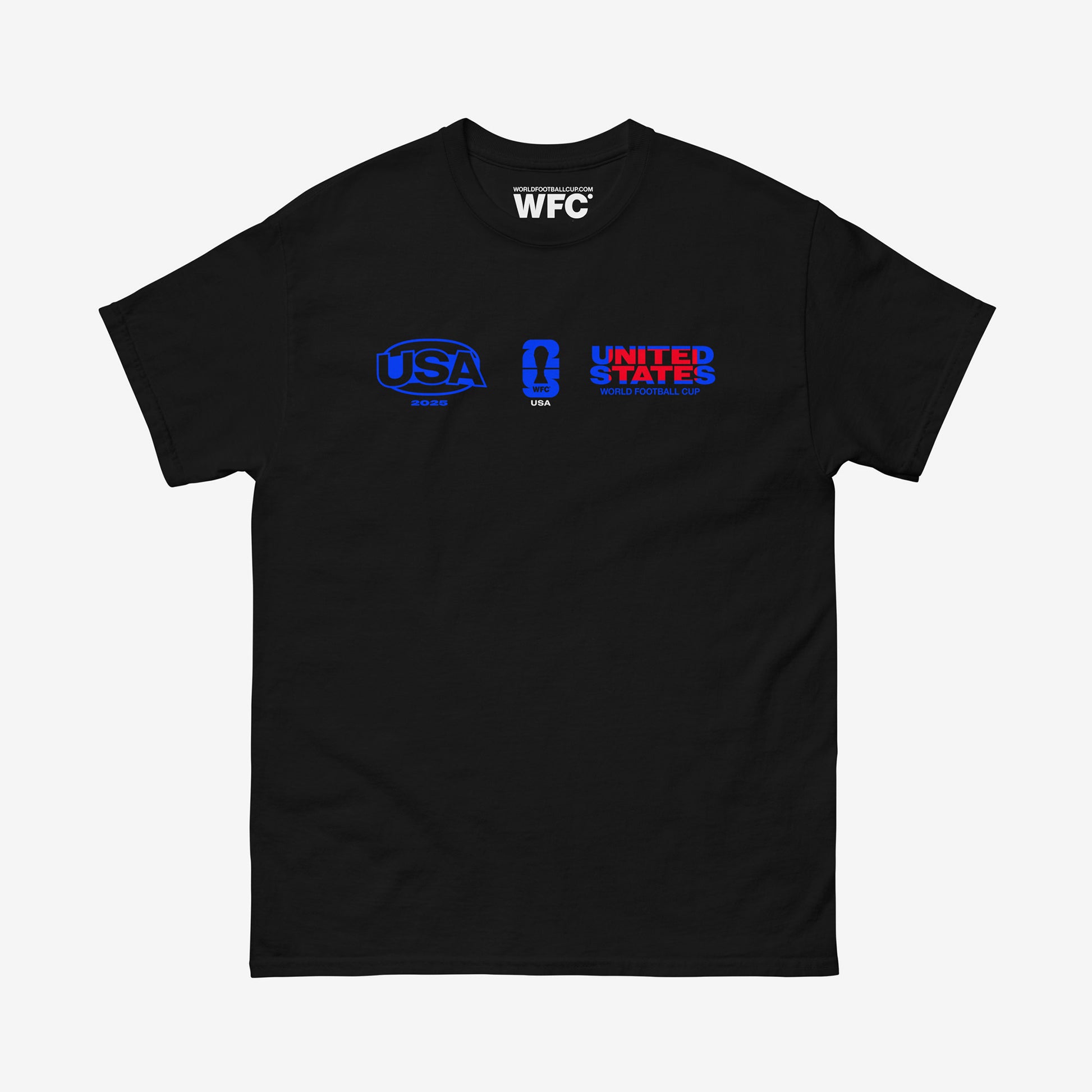 Official USA 2025 World Cup black tee with vivid blue and red minimalist logo of USA Football team
