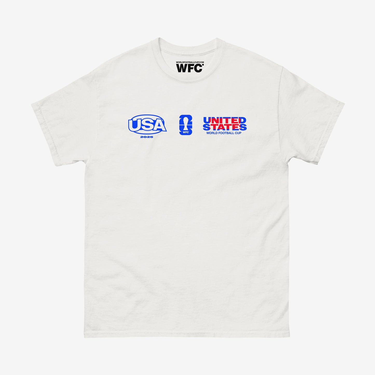 Official USA 2025 World Cup white tee with vivid blue and red minimalist logo of USA Football team