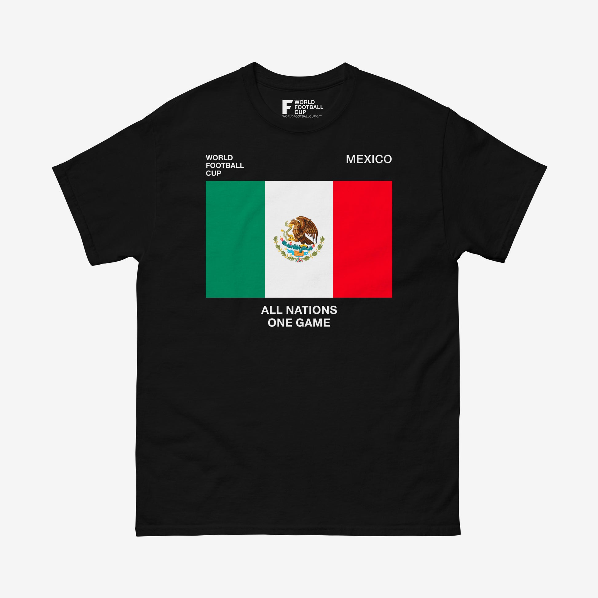 Official World Cup shirt with Mexican flag, slogan and FIFA graphics on black tee – From worldfootballcup.com.