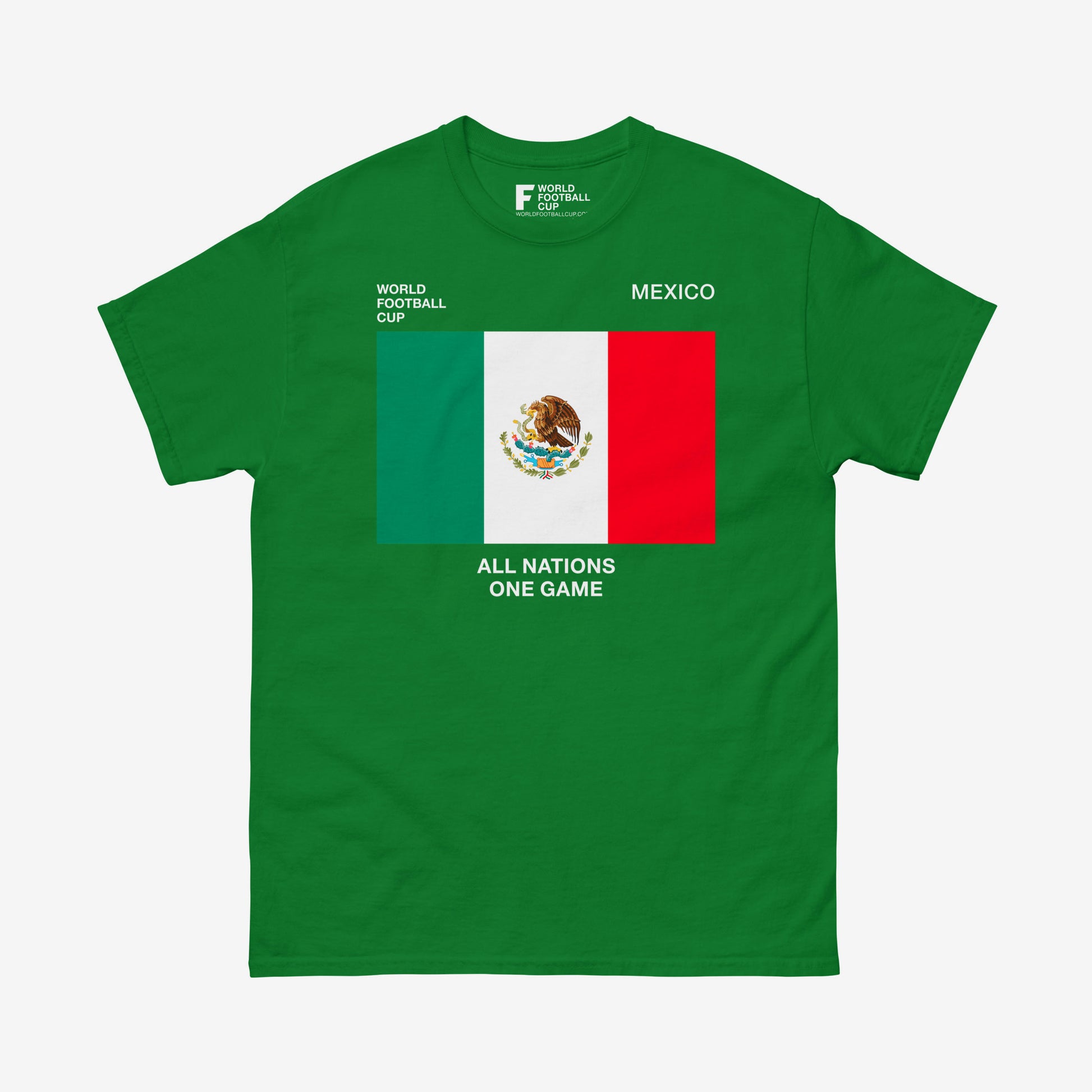 Official World Cup shirt with Mexican flag, slogan and FIFA graphics on premium green tee – From worldfootballcup.com.