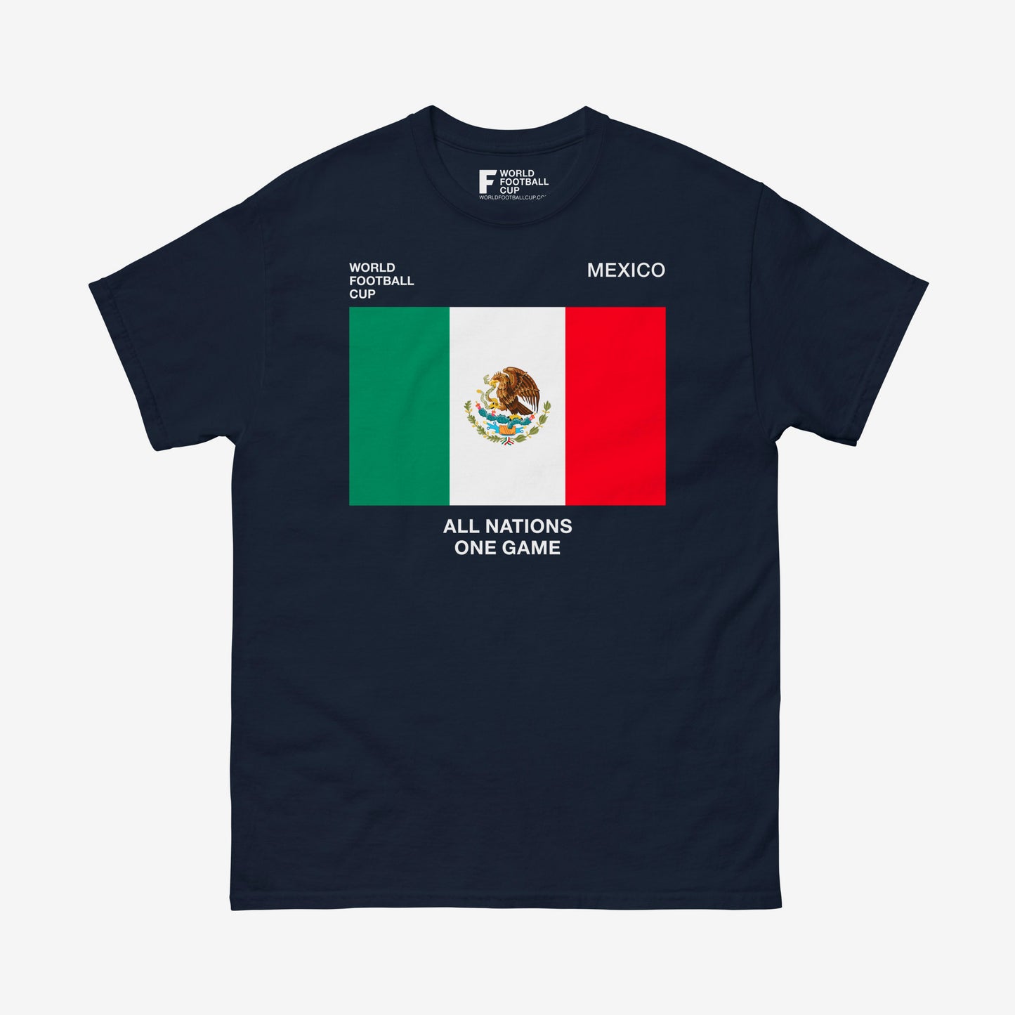 Official World Cup shirt with Mexican flag, slogan and FIFA graphics on premium navy tee – From worldfootballcup.com.