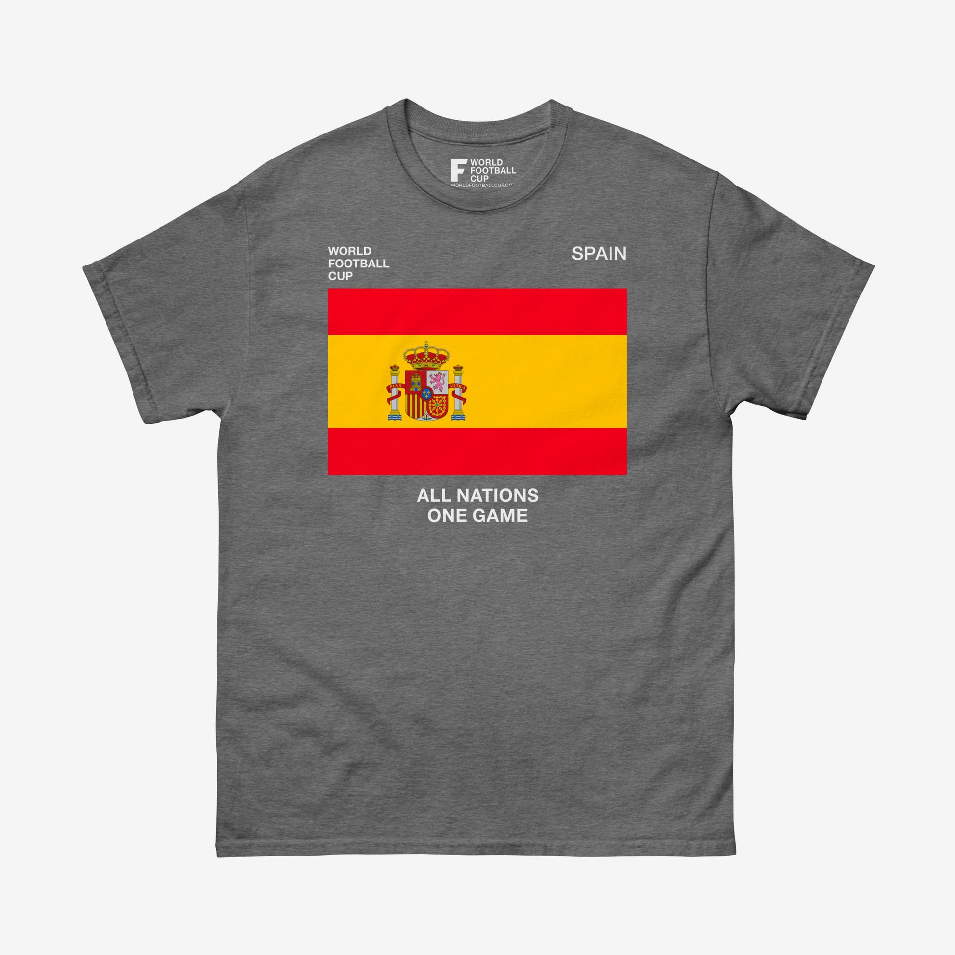 Spain 2025 FIFA World Cup shirt featuring Spanish flag and national team graphics on grey tee – From worldfootballcup.com