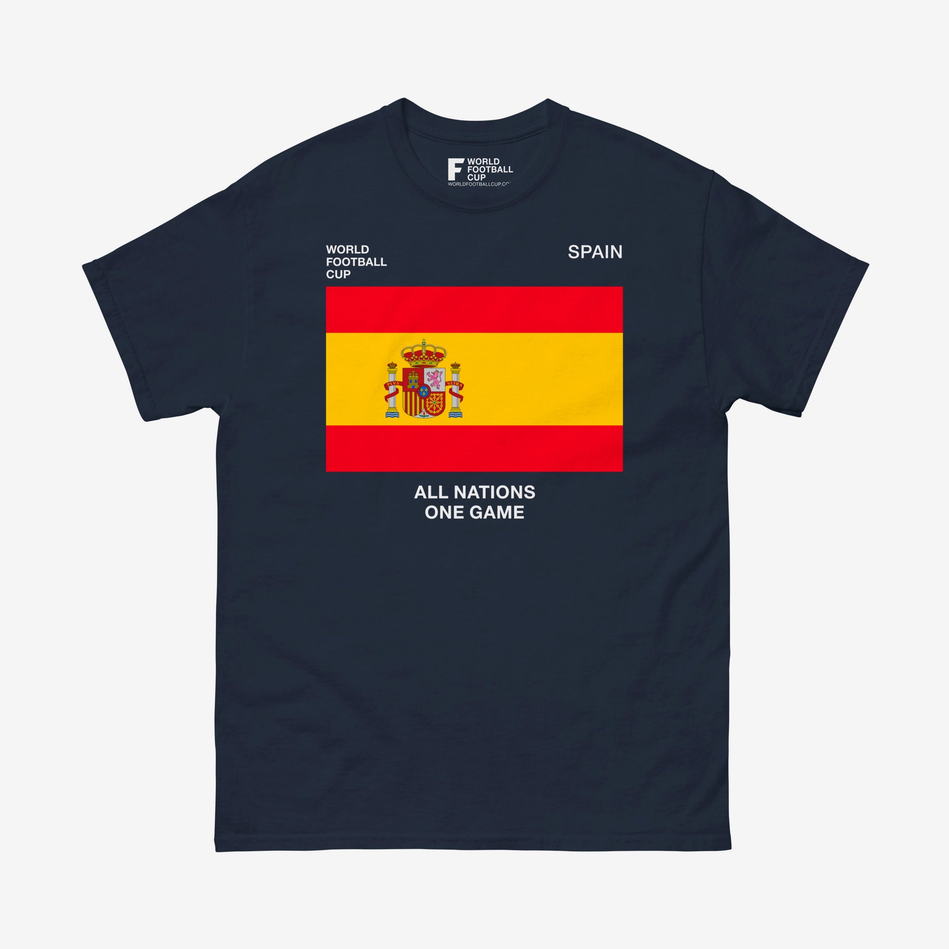 Spain 2025 FIFA World Cup shirt featuring Spanish flag and national team graphics on navy tee – From worldfootballcup.com