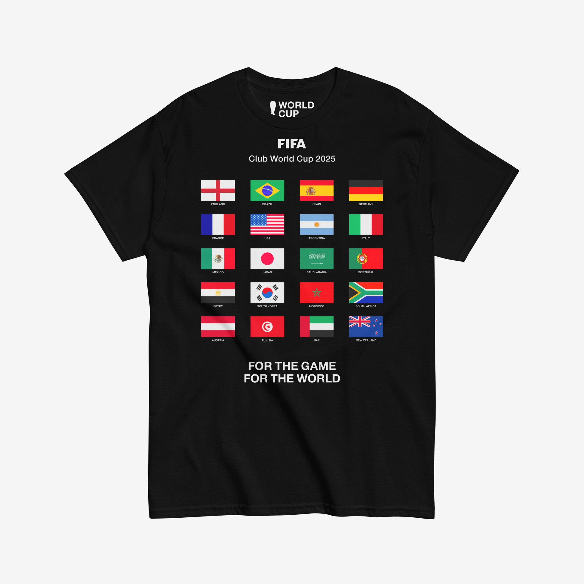 FIFA 2025 black unisex tee with all participating countries' flags and World Cup logo – From worldfootballcup.com