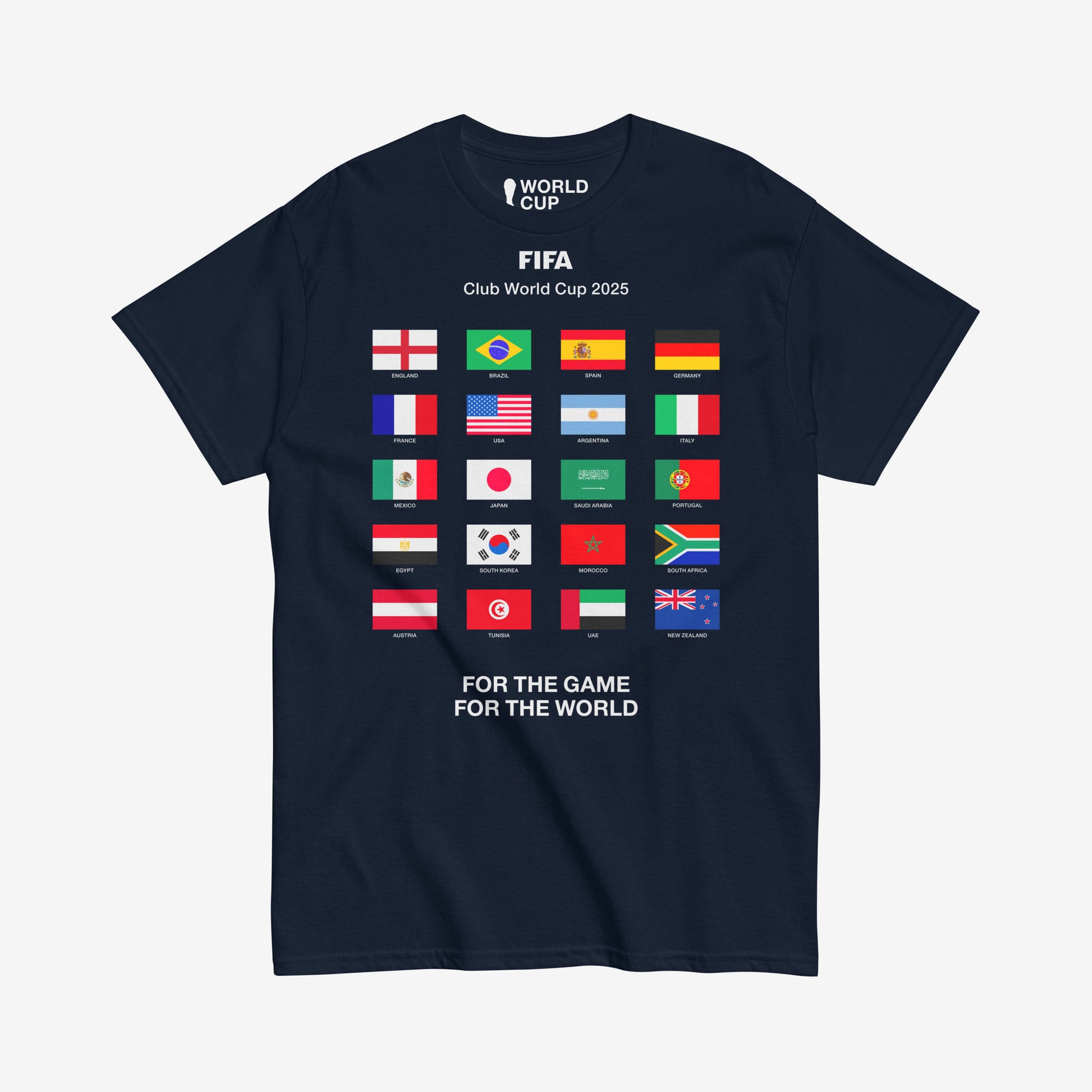 FIFA 2025 navy unisex tee with all participating countries' flags and World Cup logo – From worldfootballcup.com