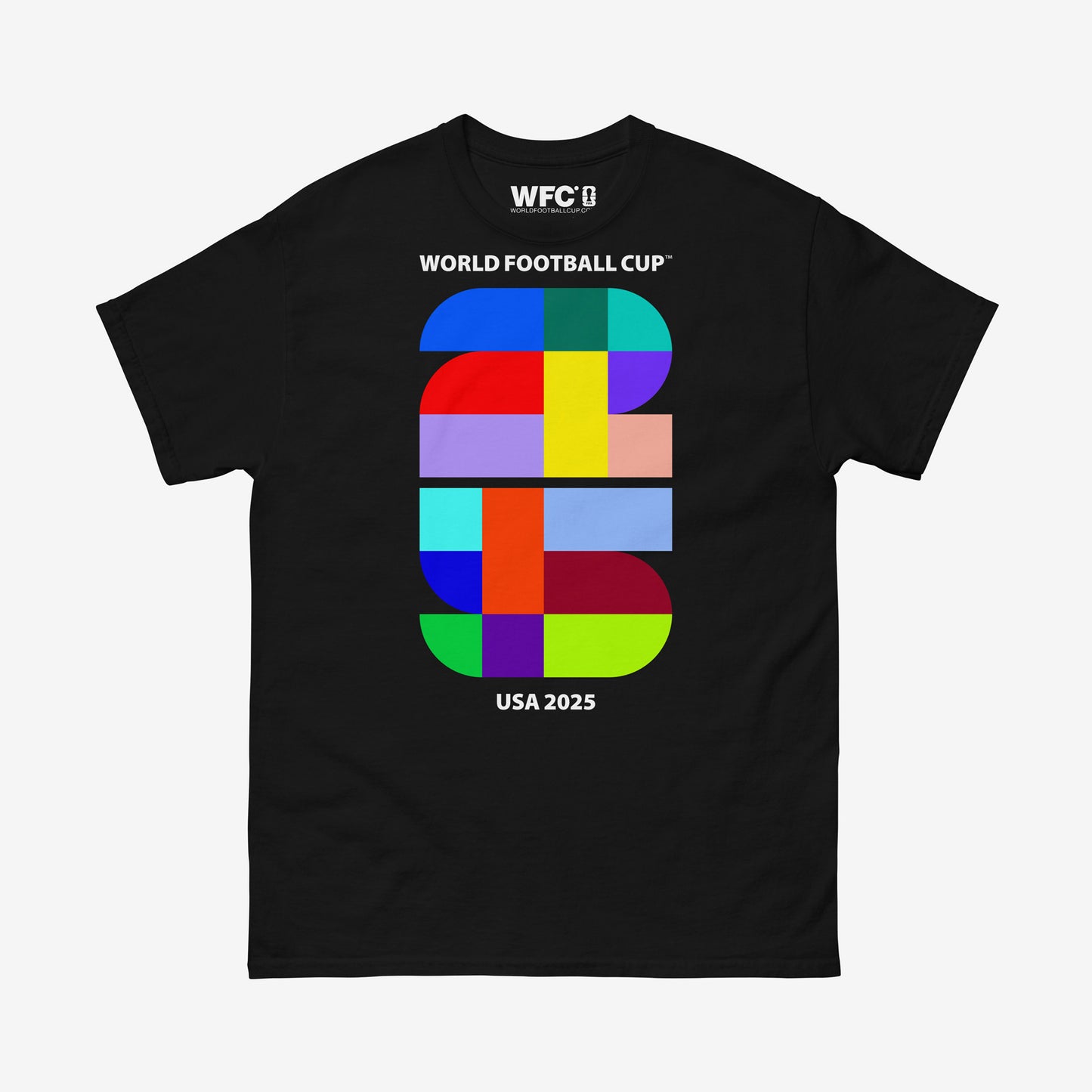 Minimalist black FIFA 2025 tee with large colourful ‘25’ digits and white ‘World Football Cup™’ and ‘USA 2025’ text – From worldfootballcup.com