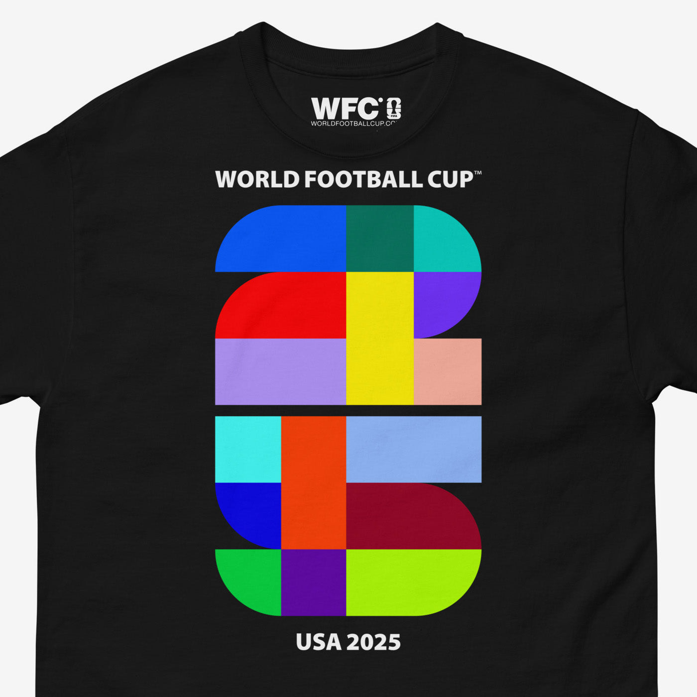 Minimalist black FIFA 2025 tee with large colourful ‘25’ digits and white ‘World Football Cup™’ and ‘USA 2025’ text – From worldfootballcup.com. Closeup photo.