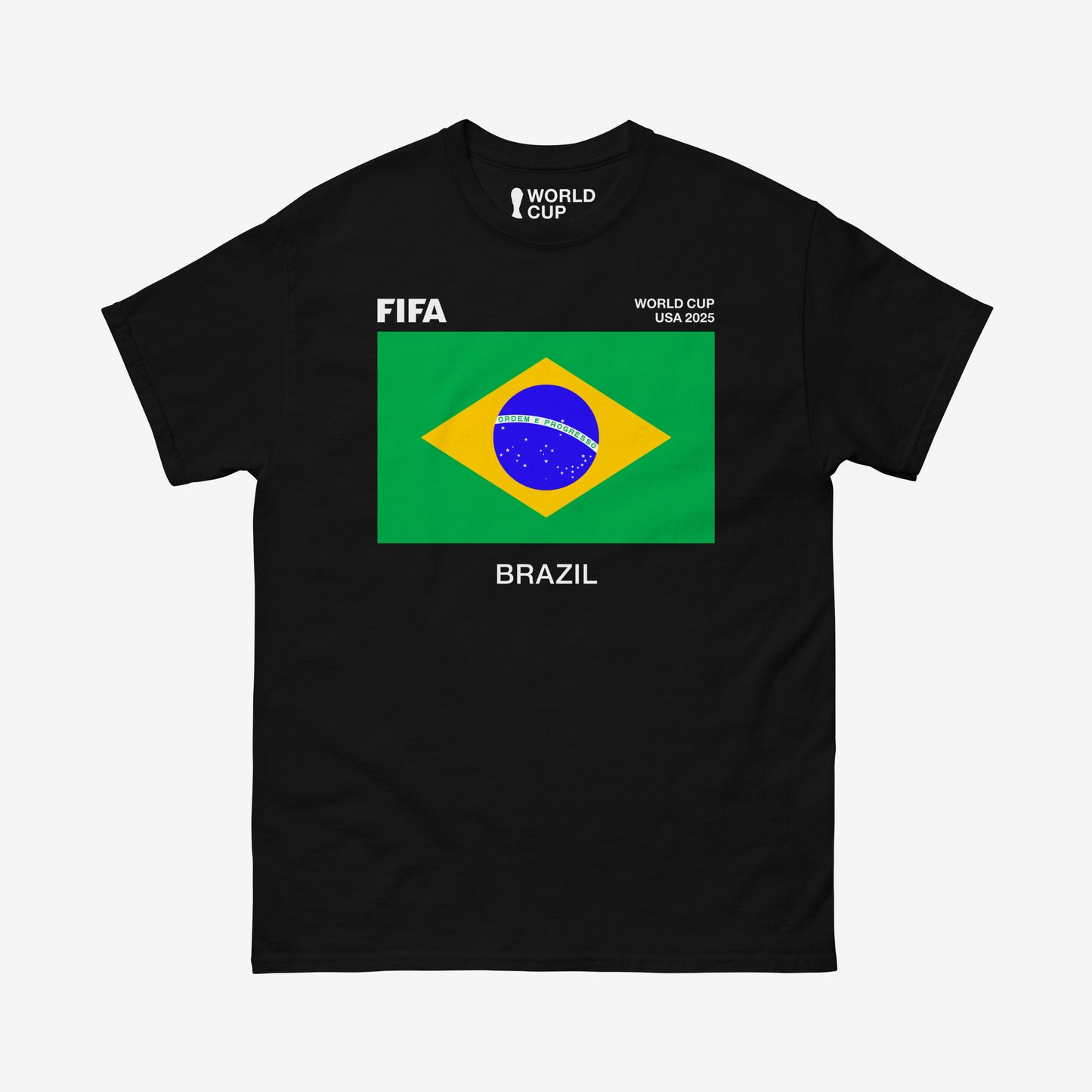 Brazil 2025 World Cup shirt with Brazilian flag and FIFA graphics on black tee – From worldfootballcup.com