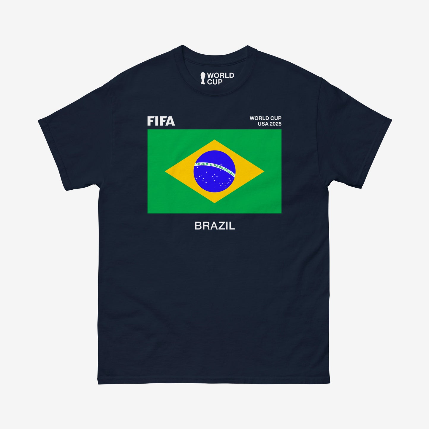 Brazil 2025 World Cup shirt with Brazilian flag and FIFA graphics on navy tee – From worldfootballcup.com