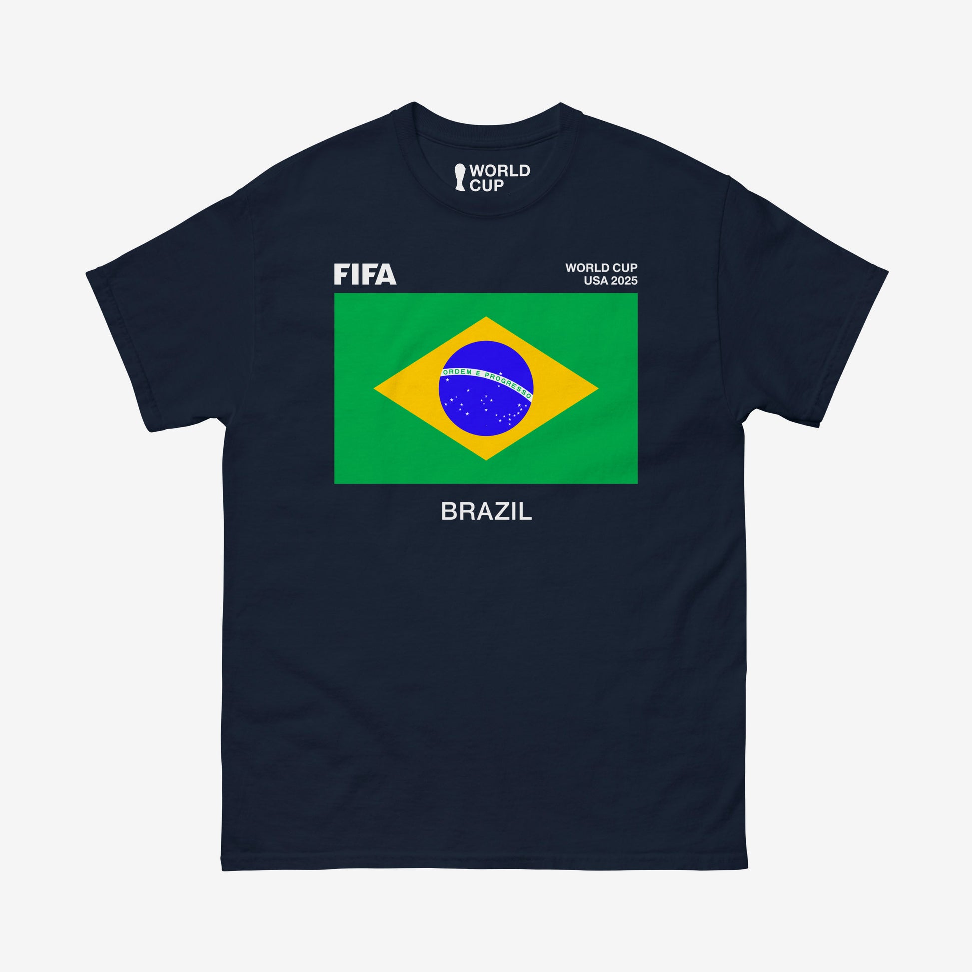 Brazil 2025 World Cup shirt with Brazilian flag and FIFA graphics on navy tee – From worldfootballcup.com